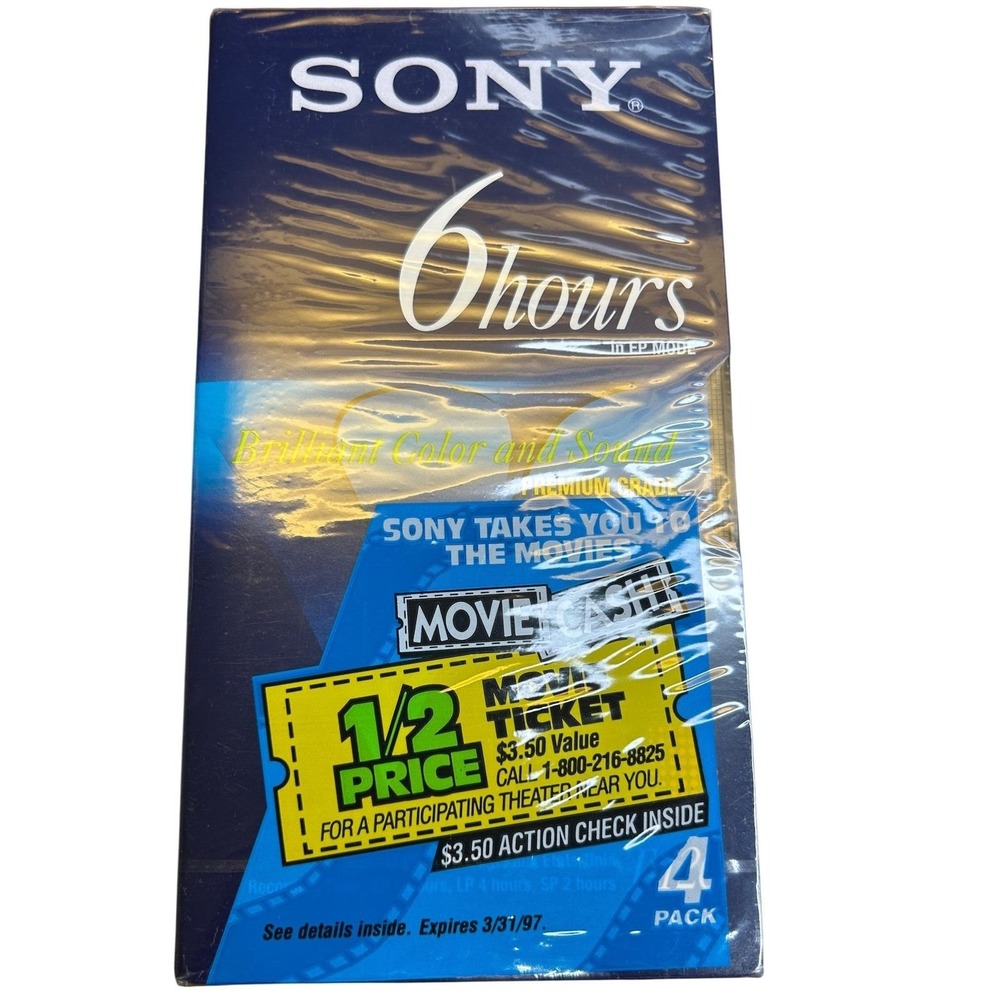 Sony VHS‎ T-120 Blank Cassette Tapes 4 Pack Premium Grade 6 Hours New Sealed